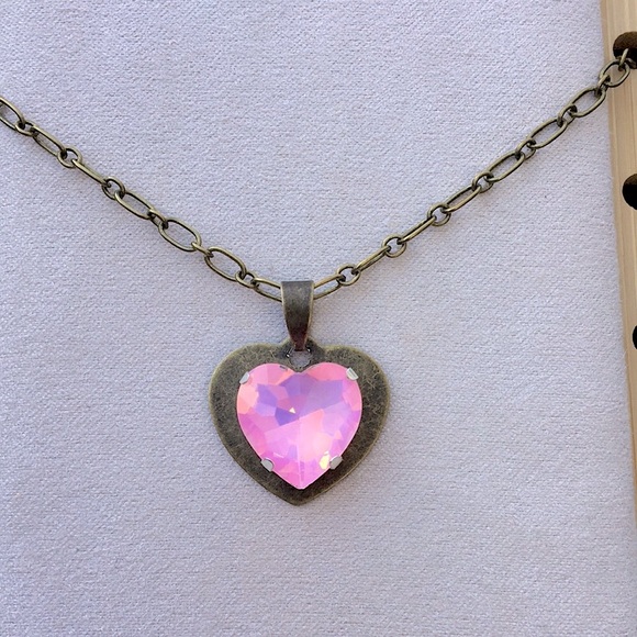 Pink Opal Aurora Borealis Crystal Heart Pendant Necklace - Picture 15 of 16